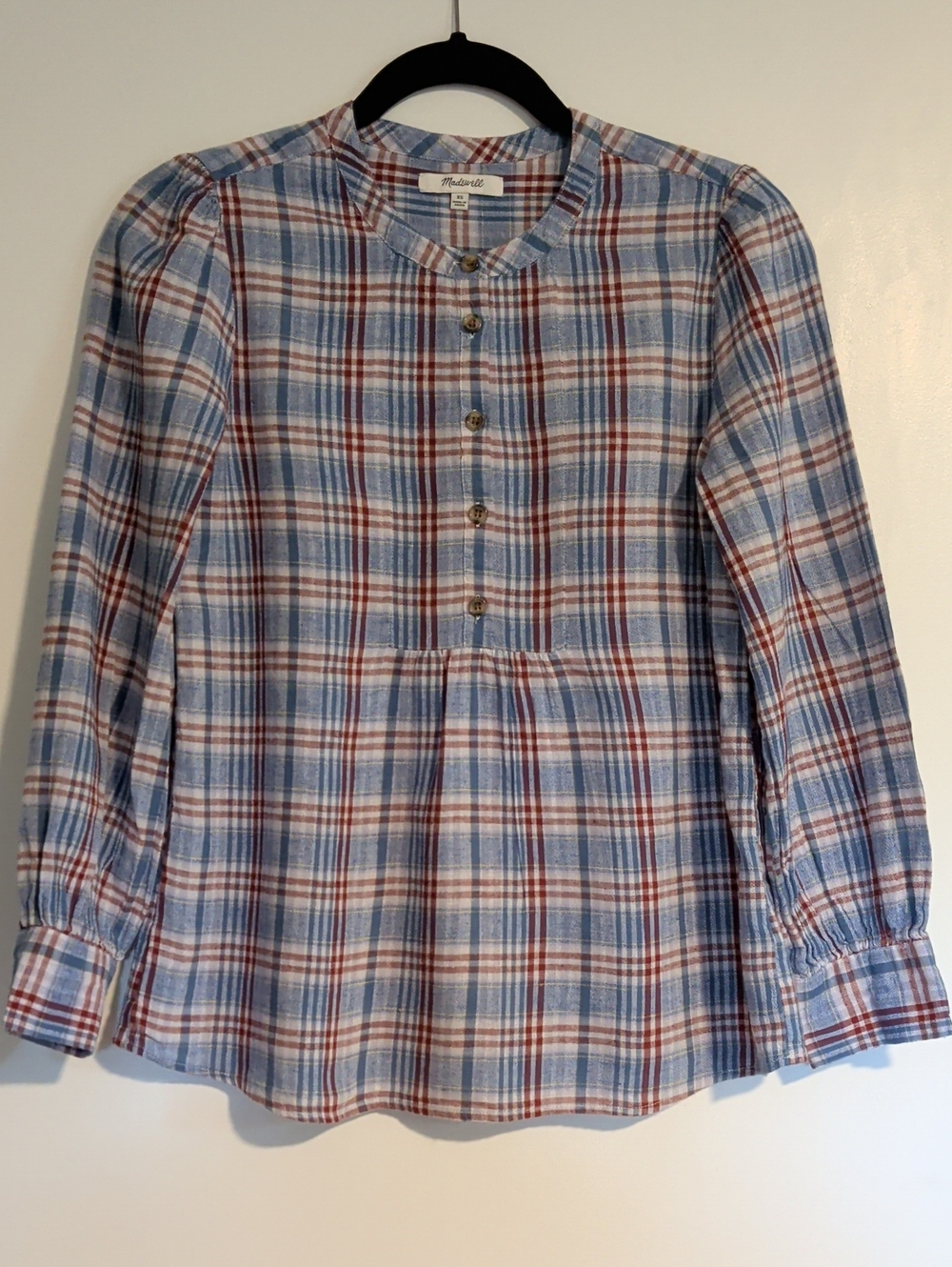 Madewell Cotton Plaid Popover Shirt in Light Blue & Rust